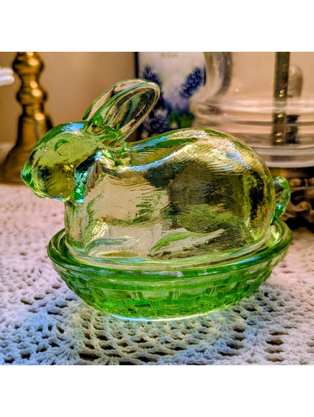 Lime Green Bunny on Nest - Vintage L.E. Smith (UV Reactive - NEW OLD STOCK)